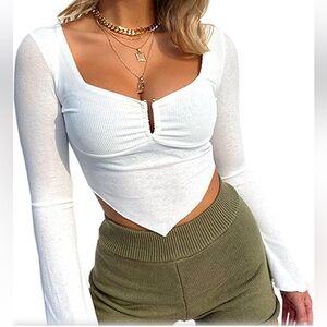 White Ribbed Ruched Front Asymmetrical Hem Crop Top